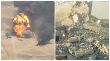 (L) Trucks explode as they burn, during what the Houthis say was an attack targeting trucks coming from Saudi territory, at Al-Wadiah border crossing near Al-Wadiah, on the Saudi-Yemen border. (R) Image release by the Iran-backed Houthi forces on September 7, 2026, shows what they describe as damage to the central prison in al-Hazm, Jawf province in Yemen.