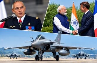 Vice Chief of the French Air and Space Force Lieutenant General Dominique Tardif(Left), French President Emmanuel Macron and Prime Minister Narendra Modi(Right). Collage made using AI for representative purposes.