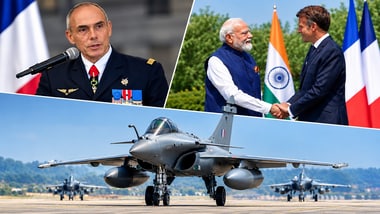 Vice Chief of the French Air and Space Force Lieutenant General Dominique Tardif(Left), French President Emmanuel Macron and Prime Minister Narendra Modi(Right). Collage made using AI for representative purposes.