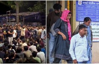 Students stage a protest after a 22-year-old student of the Indian Institute of Technology (IIT) Bombay committed suicide in his hostel room (L); Parents of the deceased. (R).