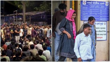 Students stage a protest after a 22-year-old student of the Indian Institute of Technology (IIT) Bombay committed suicide in his hostel room (L); Parents of the deceased. (R).