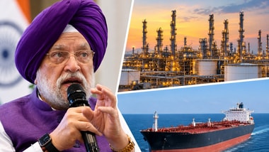 Union Minister Hardeep Puri(Left), Oil-laden tanker is docked in the Sea and a refinery(Right). Note: Collage made using AI for representational purposes.