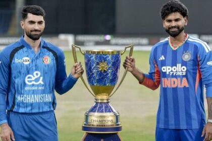 India captain Shreyas Iyer (R) and Afghanistan skipper Ibrahim Zadran unveil the Friendship Cup trophy in New Delhi on Saturday. (PTI)
