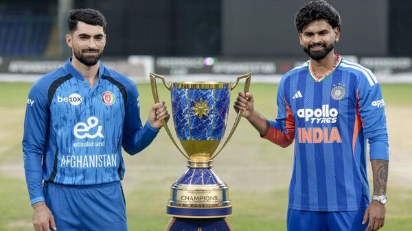 India captain Shreyas Iyer (R) and Afghanistan skipper Ibrahim Zadran unveil the Friendship Cup trophy in New Delhi on Saturday. (PTI)