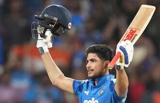 India's captain Shubman Gill celebrates his century during the first one day international cricket match between India and West Indies in Thiruvananthapuram, India.