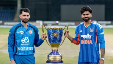 IND vs AFG Live Score, 1st T20I: India's captain Shreyas Iyer (R) and Afghanistan's captain Ibrahim Zadran unveil Friendship Cup trophy.