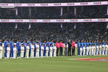 The Indian and Afghanistan players line up before the national song and national anthem were played at Arun Jaitley Stadium in New Delhi.