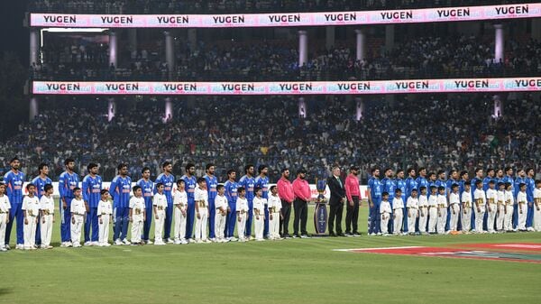 The Indian and Afghanistan players line up before the national song and national anthem were played at Arun Jaitley Stadium in New Delhi.