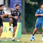 Brazil's Marquinhos (L, C) and India's Sahal Abdul Samad during their respective training sessions.