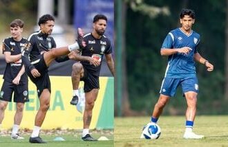 Brazil's Marquinhos (L, C) and India's Sahal Abdul Samad during their respective training sessions.