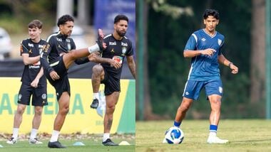 Brazil's Marquinhos (L, C) and India's Sahal Abdul Samad during their respective training sessions.