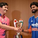 India's captain Shreyas Iyer (R) shakes hands with Japanese captain Kendel Kadowaki-Fleming in Tokyo.