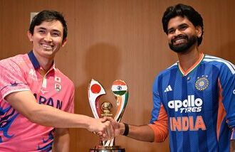 IND vs JPN T20I LIVE Score: India's captain Shreyas Iyer (R) shakes hands with Japanese captain Kendel Kadowaki-Fleming.