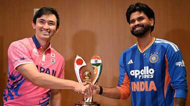 IND vs JPN T20I LIVE Score: India's captain Shreyas Iyer (R) shakes hands with Japanese captain Kendel Kadowaki-Fleming.