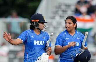 India's Shafali Verma (L) and Richa Ghosh after winning the quarterfinal against Japan at Asian Games 2026.