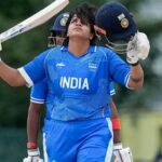 India's Shafali Verma celebrates her century against Bangladesh during Asian Games 2026 cricket semifinal.