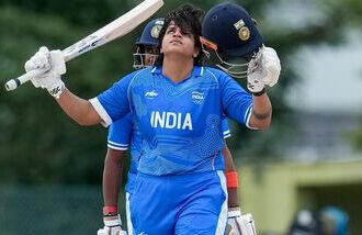 India's Shafali Verma celebrates her century against Bangladesh during Asian Games 2026 cricket semifinal.