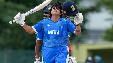India's Shafali Verma celebrates her century against Bangladesh during Asian Games 2026 cricket semifinal.