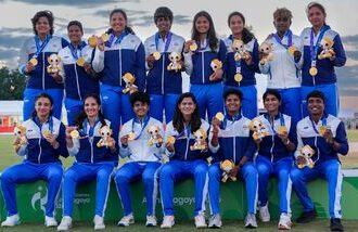 Indian women's cricket team pose for photographs with gold medals after winning the cricket final against Sri Lanka in the Asian Games 2026.