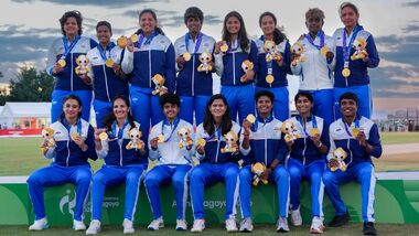 Indian women's cricket team pose for photographs with gold medals after winning the cricket final against Sri Lanka in the Asian Games 2026.