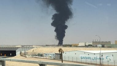Large plume of black smoke rises from the fuel storage area at King Khalid International Airport, in Riyadh, Saudi Arabia, September 19, 2026. Picture taken with a mobile phone. REUTERS/Stringer
