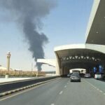 Large plume of black smoke rises from the fuel storage depot at King Khalid International Airport, in Riyadh, Saudi Arabia, September 19, 2026. Picture taken with a mobile phone. REUTERS/Stringer
