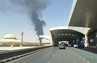 Large plume of black smoke rises from the fuel storage depot at King Khalid International Airport, in Riyadh, Saudi Arabia, September 19, 2026. Picture taken with a mobile phone. REUTERS/Stringer