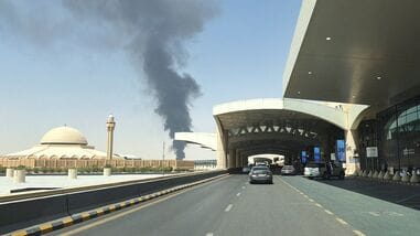 Large plume of black smoke rises from the fuel storage depot at King Khalid International Airport, in Riyadh, Saudi Arabia, September 19, 2026. Picture taken with a mobile phone. REUTERS/Stringer