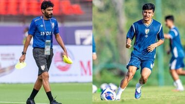 India head coach Khali Jamil (L) and midfielder Anirudh Thapa during a training session at the Sree Kanteerava Stadium in Bengaluru.