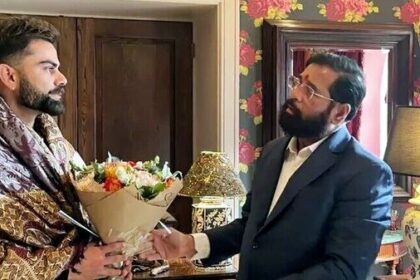 Former Indian captain Virat Kohli calls on Maharashtra Deputy Chief Minister Eknath Shinde, in London on Friday.