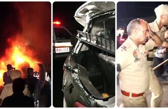 Students protesting outside Lovely Professional University clashed with police and set vehicles on fire, in Phagwara on Sunday.