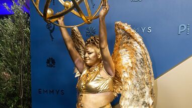Meg Stalter arrives at the 78th Emmy Awards on Monday, Sept. 14, 2026, at the Peacock Theater in Los Angeles. (AP Photo/Mark J. Terrill)