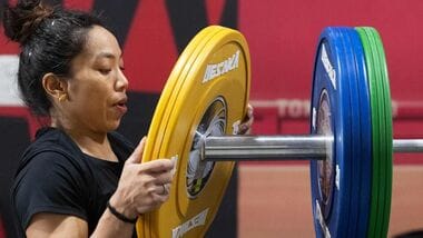 Mirabai Chanu trains for the Asian Games at coach Vijay Sharma’s academy in Modinagar.