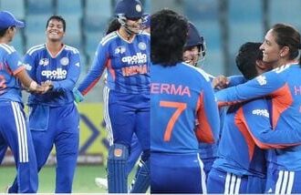 The India women’s cricket team celebrates their T20 Asia Cup win over Sri Lanka in Dubai on Sunday.