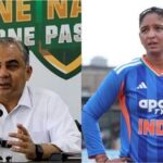 India captain Harmanpreet Kaur (R) and ACC chairman Mohsin Naqvi.