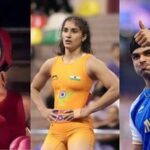(From L) Boxer Nikhat Zareen, wrestler Vinesh Phogat and javelin star Neeraj Chopra.