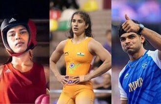 (From L) Boxer Nikhat Zareen, wrestler Vinesh Phogat and javelin star Neeraj Chopra.