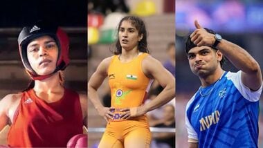 (From L) Boxer Nikhat Zareen, wrestler Vinesh Phogat and javelin star Neeraj Chopra.