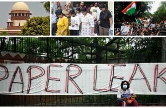 Supreme Court; Aspirants coming out after appeared in the NEET PG 2026 examination at an examination centre, Pataliputra in Patna; ockroach Janta Party (CJP) supporters chant slogans, hold placards and wave national flag.