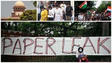 Supreme Court; Aspirants coming out after appeared in the NEET PG 2026 examination at an examination centre, Pataliputra in Patna; ockroach Janta Party (CJP) supporters chant slogans, hold placards and wave national flag.