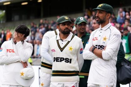 Pakistan's Babar Azam, center, with teammates following his side's 0-3 defeat to England in the recent Test series.