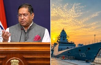 MEA Spox Randhir Jaiswal(Left), an Indian Navy vessel(Right). Representative image from ANI.