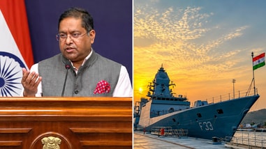 MEA Spox Randhir Jaiswal(Left), an Indian Navy vessel(Right). Representative image from ANI.