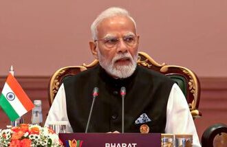 Prime Minister Narendra Modi speaks during the 18th BRICS Summit, at the Bharat Mandapam, in New Delhi.