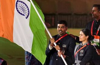 India's Pawan Sehrawat (Left) and Manu Bhaker (Right) led the country's athletes during the Asian Games 2026 opening ceremony in Nagoya, Japan on Saturday.