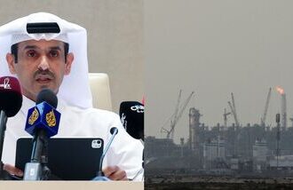 (L-R) Qatar's Energy Minister and CEO of QatarEnergy Saad Sherida al-Kaabi speaks during a press conference in Doha on June 22, 2026; QatarEnergy's liquefied natural gas (LNG) production facilities, amid the U.S.-Israeli conflict with Iran, in Ras Laffan Industrial City, Qatar March 2, 2026. REUTERS/Stringer