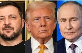 Ukrainian President Volodymyr Zelenskyy (left),  US President Donald Trump (centre) and Russian President Vladimir Putin.