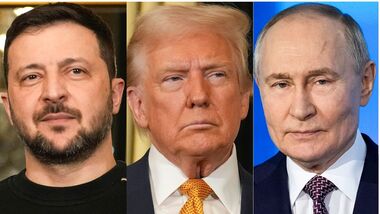 Ukrainian President Volodymyr Zelenskyy (left),  US President Donald Trump (centre) and Russian President Vladimir Putin.