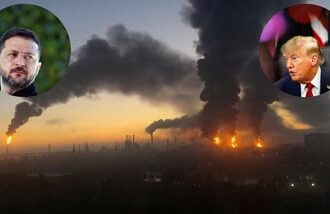 Smoke columns rise after strikes in an oil refinery in Moscow, Russia, September 20, 2026. (Inset: Volodymyr Zelensky (L), Donald Trump (R)).
