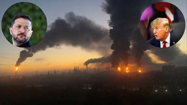 Smoke columns rise after strikes in an oil refinery in Moscow, Russia, September 20, 2026. (Inset: Volodymyr Zelensky (L), Donald Trump (R)).